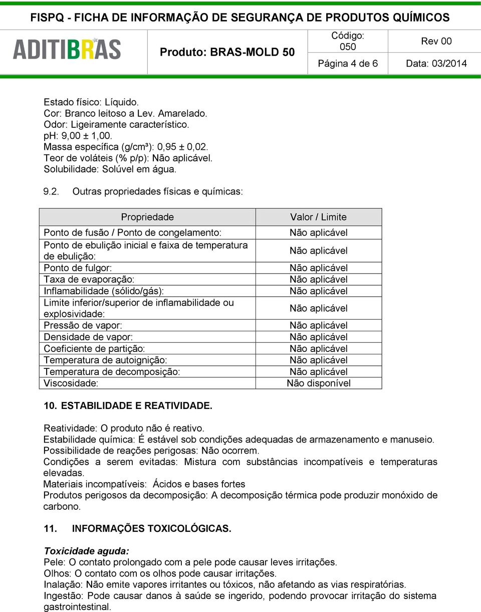 Outras propriedades físicas e químicas: Propriedade Ponto de fusão / Ponto de congelamento: Ponto de ebulição inicial e faixa de temperatura de ebulição: Ponto de fulgor: Taxa de evaporação: