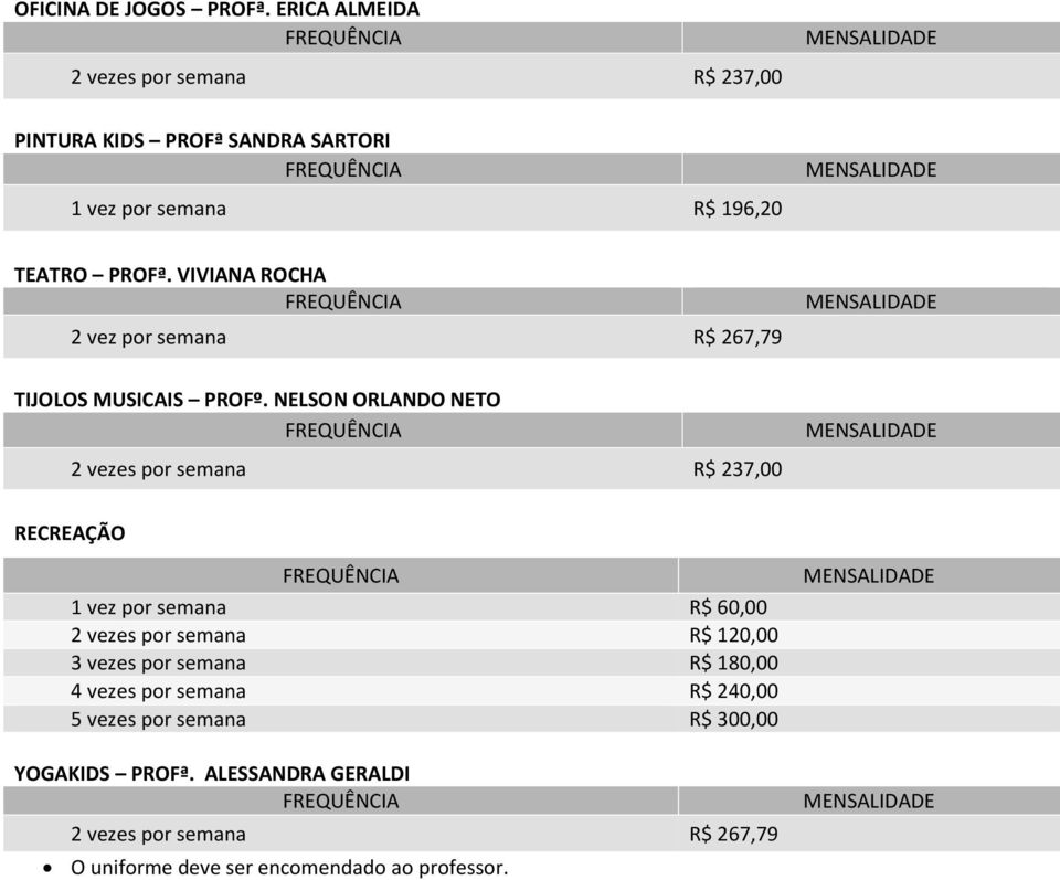 NELSON ORLANDO NETO R$ 237,00 RECREAÇÃO R$ 60,00 R$ 120,00 3 vezes por semana R$ 180,00 4