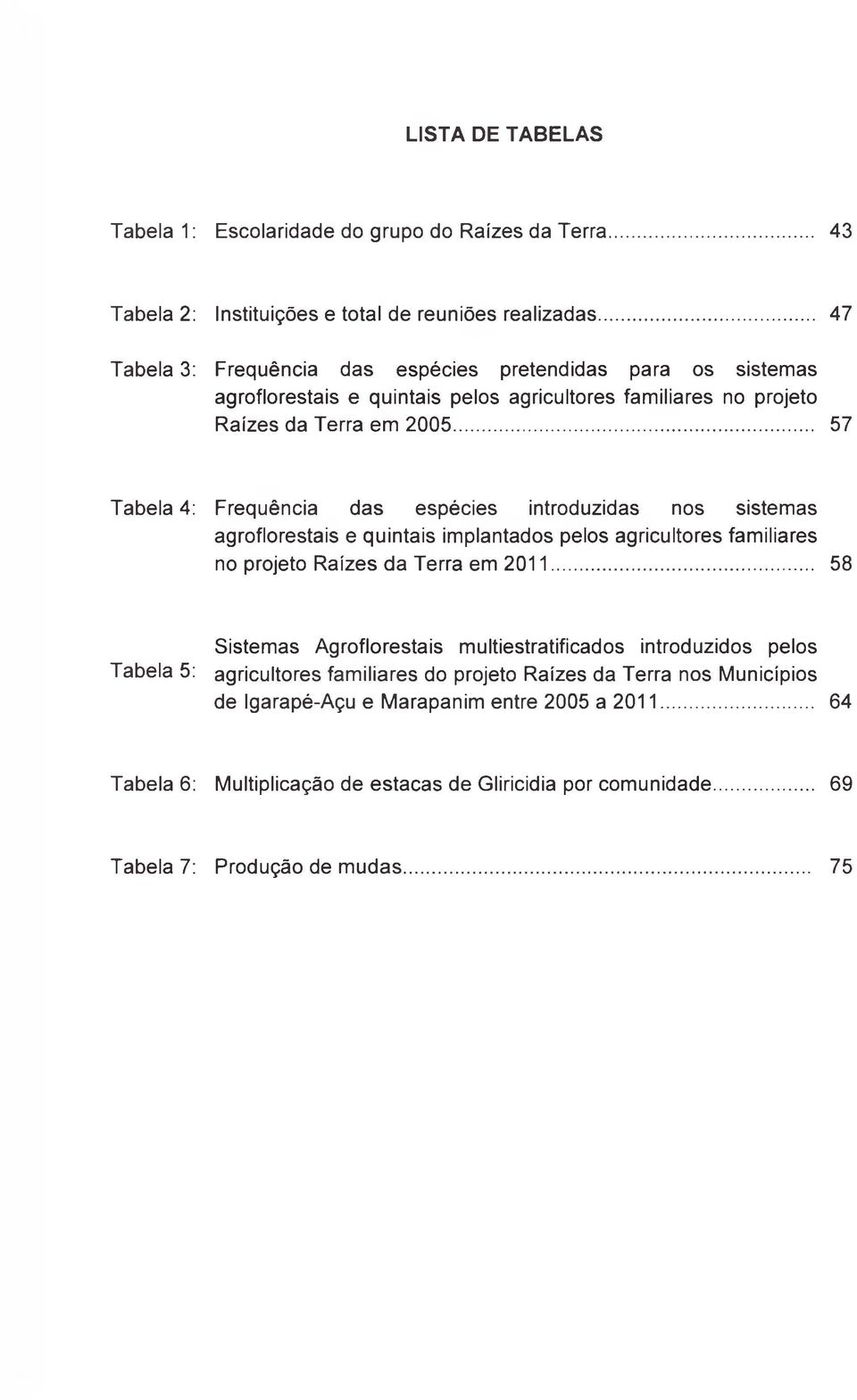 .. 57 Tabela 4: Frequência das espécies introduzidas nos sistemas agroflorestais e quintais implantados pelos agricultores familiares no projeto Raízes da Terra em 2011.