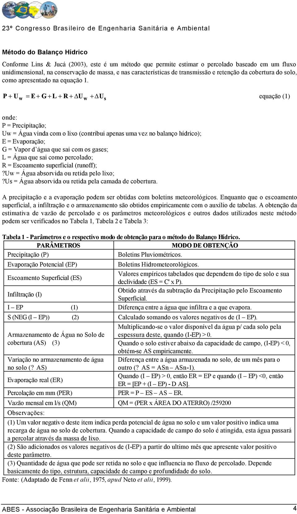 P + Uw = E + G + L + R + Uw + Us equação (1) onde: P = Precipitação; Uw = Água vinda com o lixo (contribui apenas uma vez no balanço hídrico); E = Evaporação; G = Vapor d água que sai com os gases; L