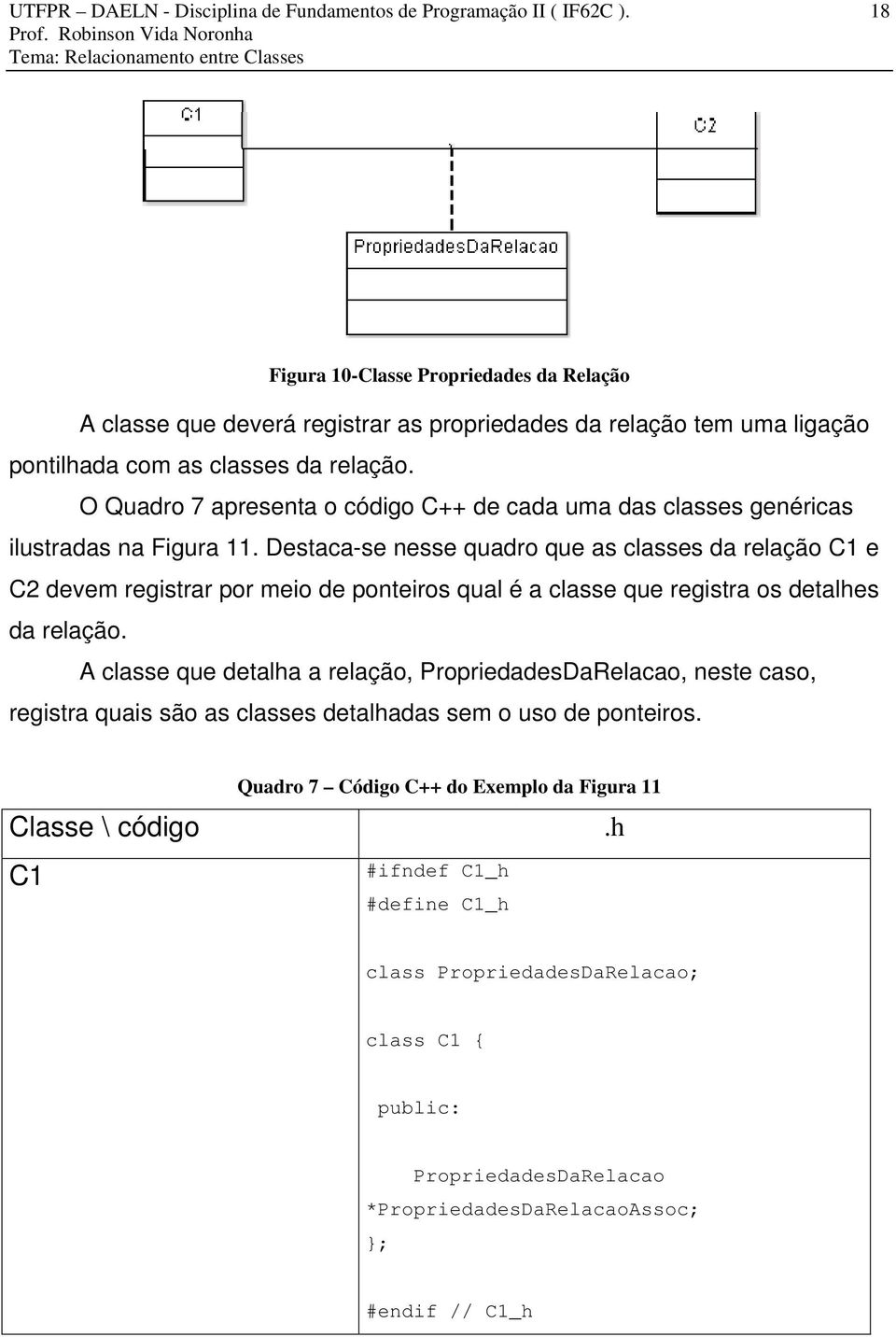 O Quadro 7 apresenta o código C++ de cada uma das classes genéricas ilustradas na Figura 11.