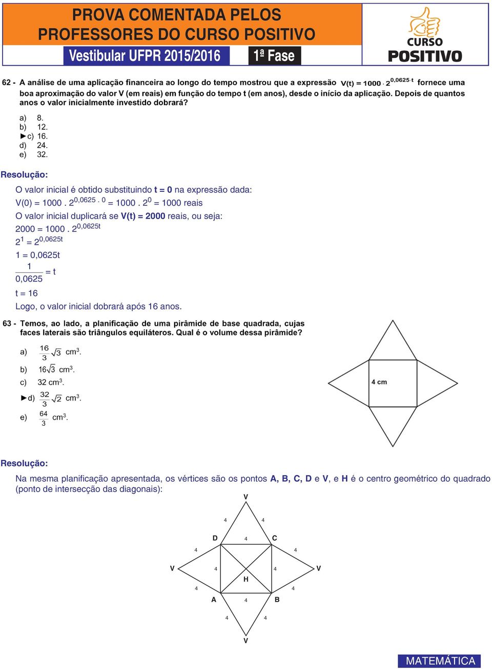 2 0,0625t 2 1 = 2 0,0625t 1 = 0,0625t 1 0,0625 = t t = 16 Logo, o valor inicial dobrará após 16 anos.