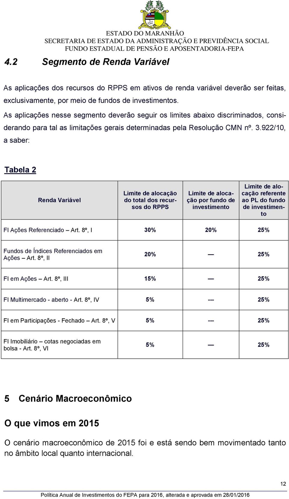 922/10, a saber: Tabela 2 Renda Variável Limite de alocação do total dos recursos do RPPS Limite de alocação por fundo de investimento Limite de alocação referente ao PL do fundo de investimento FI