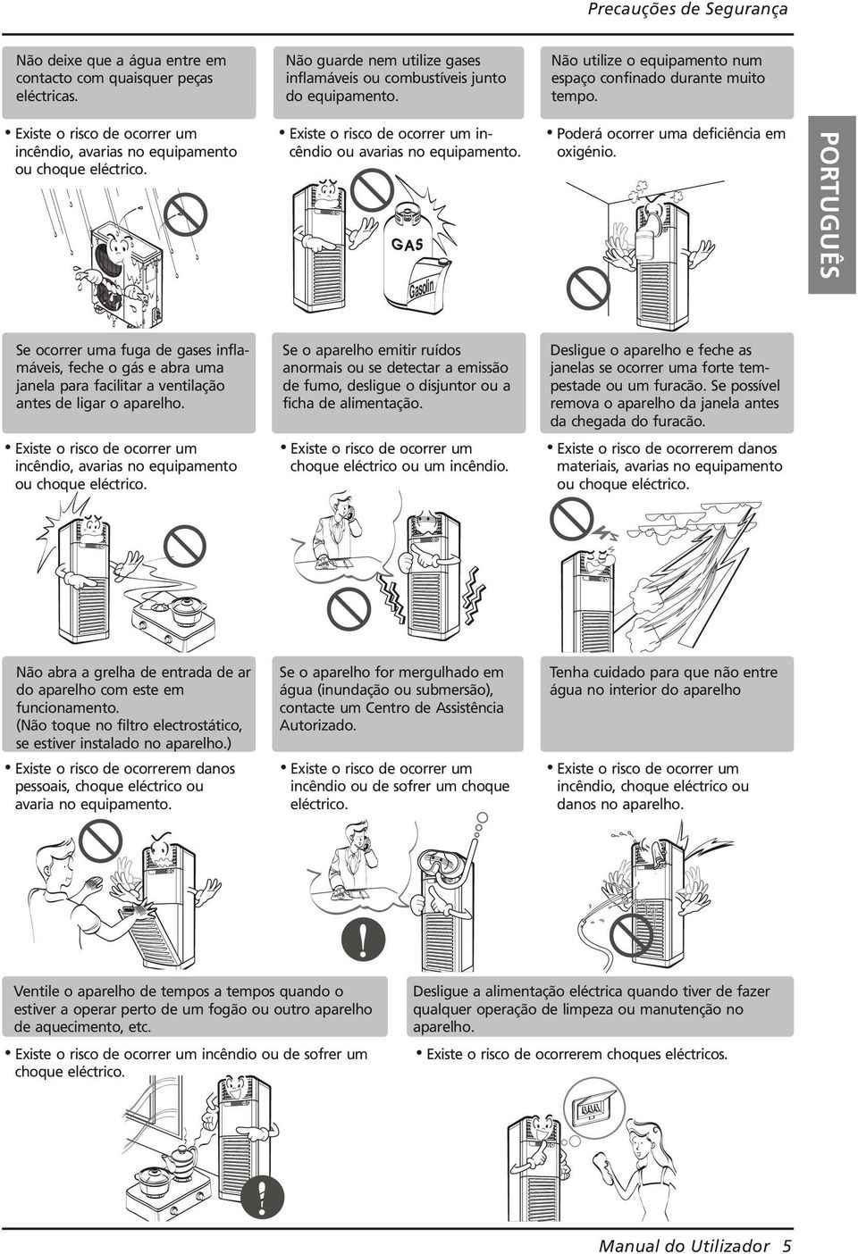 Gasolin Poderá ocorrer uma deficiência em oxigénio. PORTUGUÊS Se ocorrer uma fuga de gases inflamáveis, feche o gás e abra uma janela para facilitar a ventilação antes de ligar o aparelho.