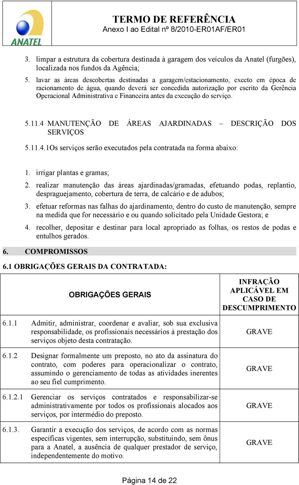 Financeira antes da execução do serviço. 5.11.4 MANUTENÇÃO DE ÁREAS AJARDINADAS DESCRIÇÃO DOS SERVIÇOS 5.11.4.1Os serviços serão executados pela contratada na forma abaixo: 1.