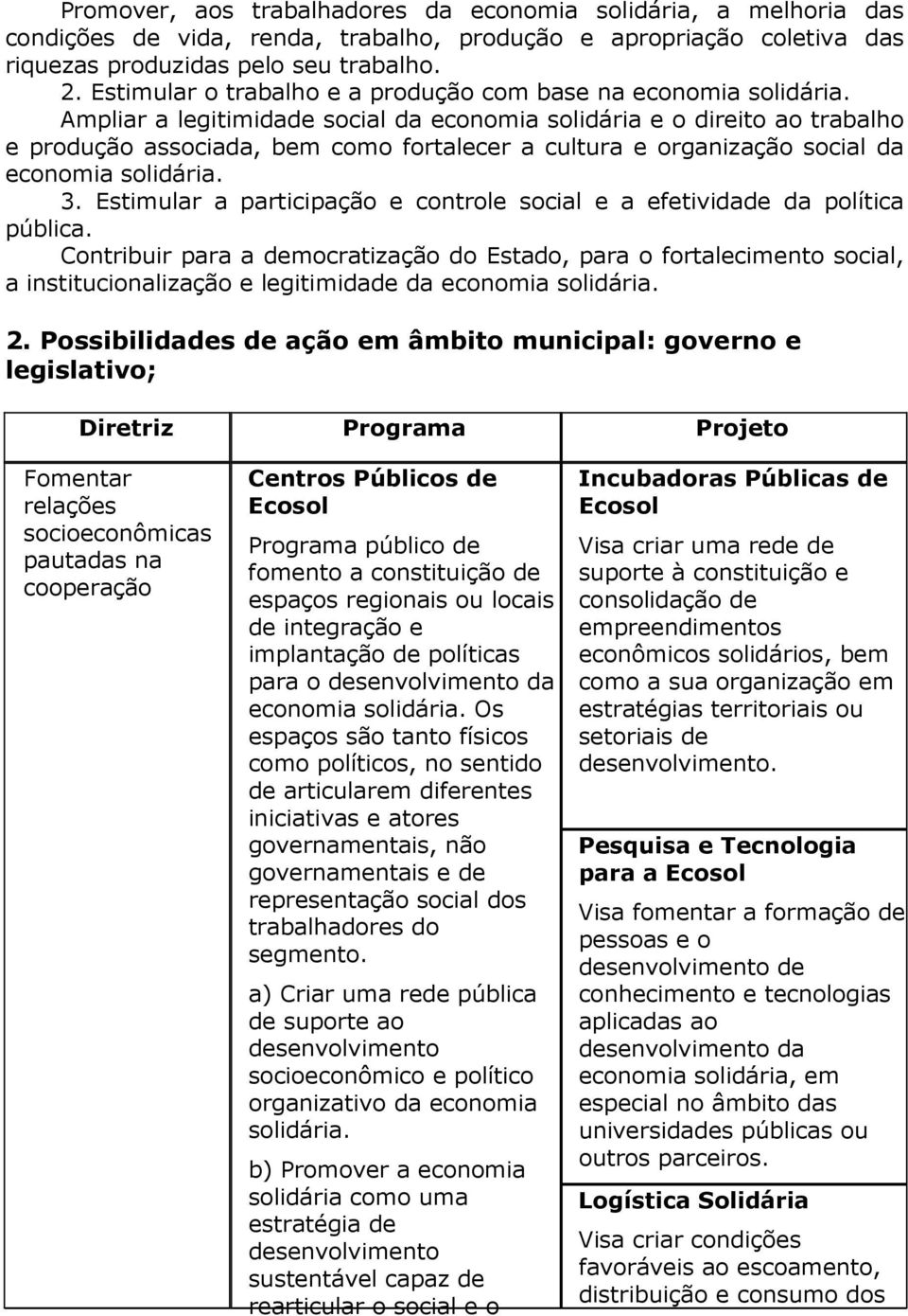 social da economia 3. Estimular a participação e controle social e a efetividade da política pública.