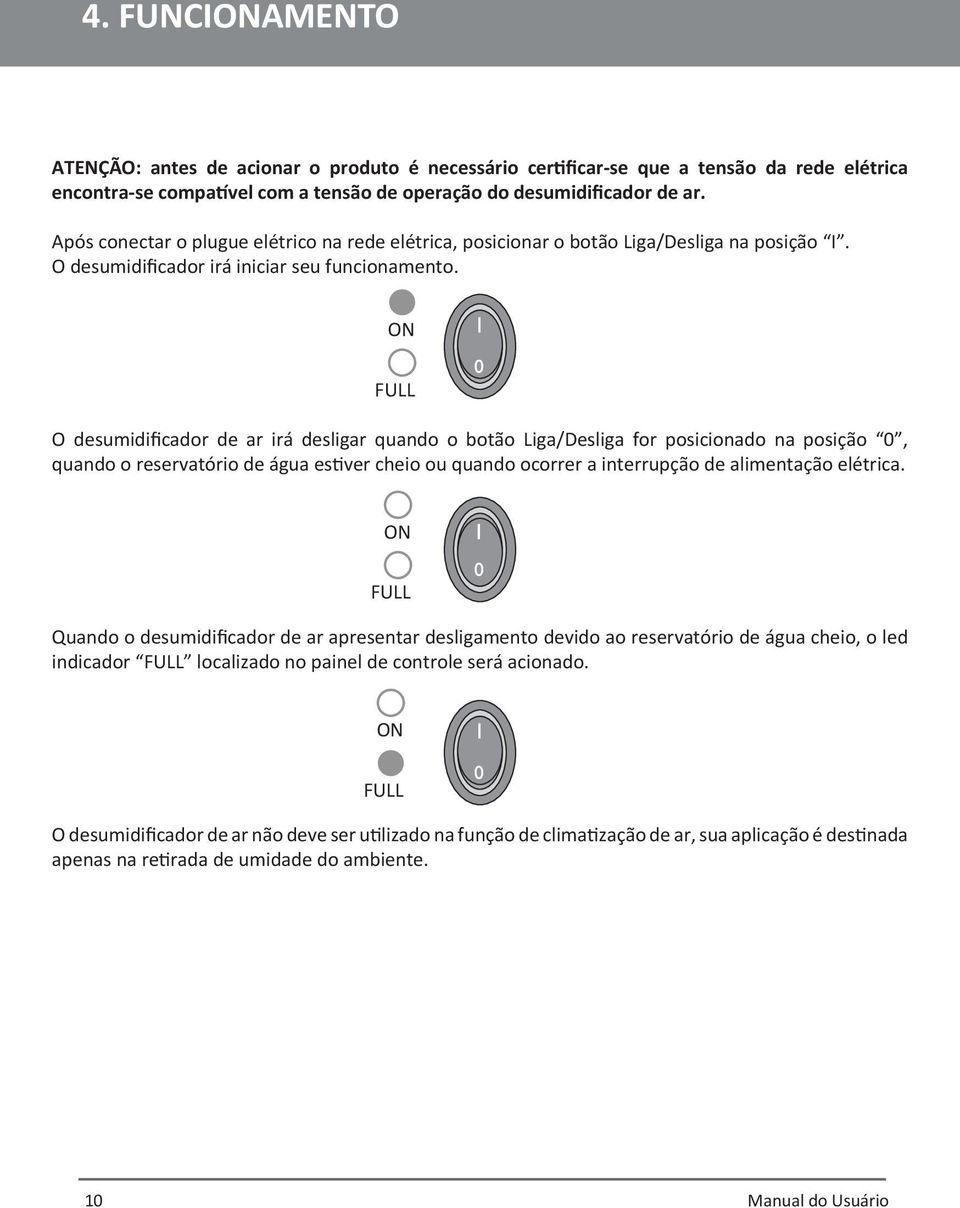 ON FULL O desumidificador de ar irá desligar quando o botão Liga/Desliga for posicionado na posição 0, quando o reservatório de água estiver cheio ou quando ocorrer a interrupção de alimentação