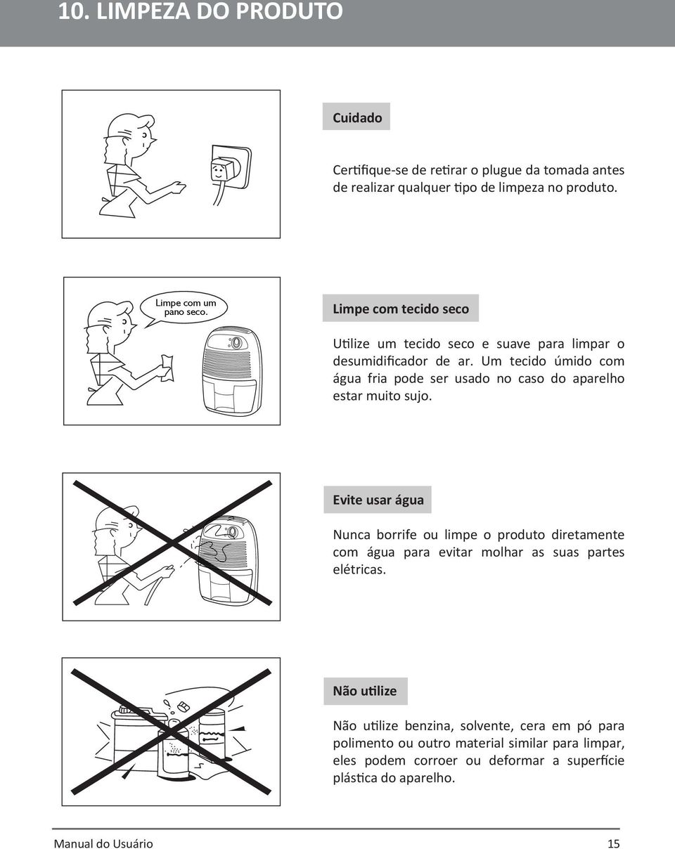 Um tecido úmido com água fria pode ser usado no caso do aparelho estar muito sujo.