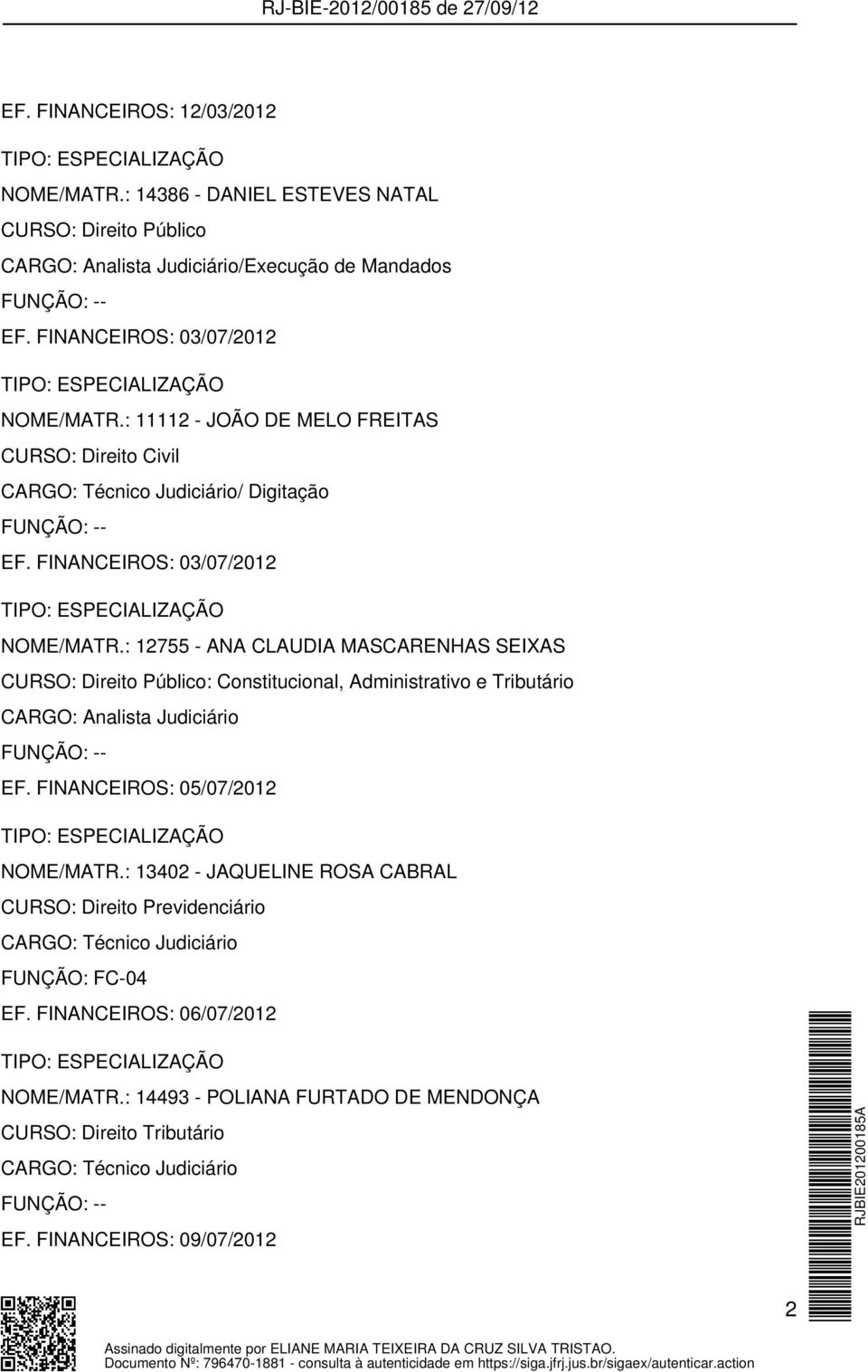 : 12755 - ANA CLAUDIA MASCARENHAS SEIXAS CURSO: Direito Público: Constitucional, Administrativo e Tributário CARGO: Analista Judiciário EF.