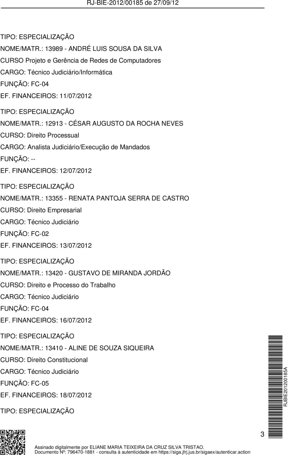 : 13355 - RENATA PANTOJA SERRA DE CASTRO CURSO: Direito Empresarial FUNÇÃO: FC-02 EF. FINANCEIROS: 13/07/2012 NOME/MATR.