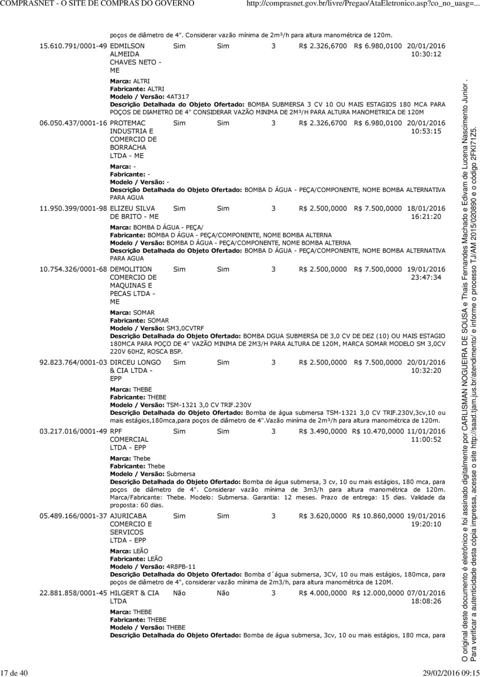 764/0001-03 DIRCEU LONGO & CIA LTDA - EPP 03.217.016/0001-49 RPF COMERCIAL LTDA - EPP 05.489.166/0001-37 AJURICABA COMERCIO E SERVICOS LTDA - EPP 22.881.