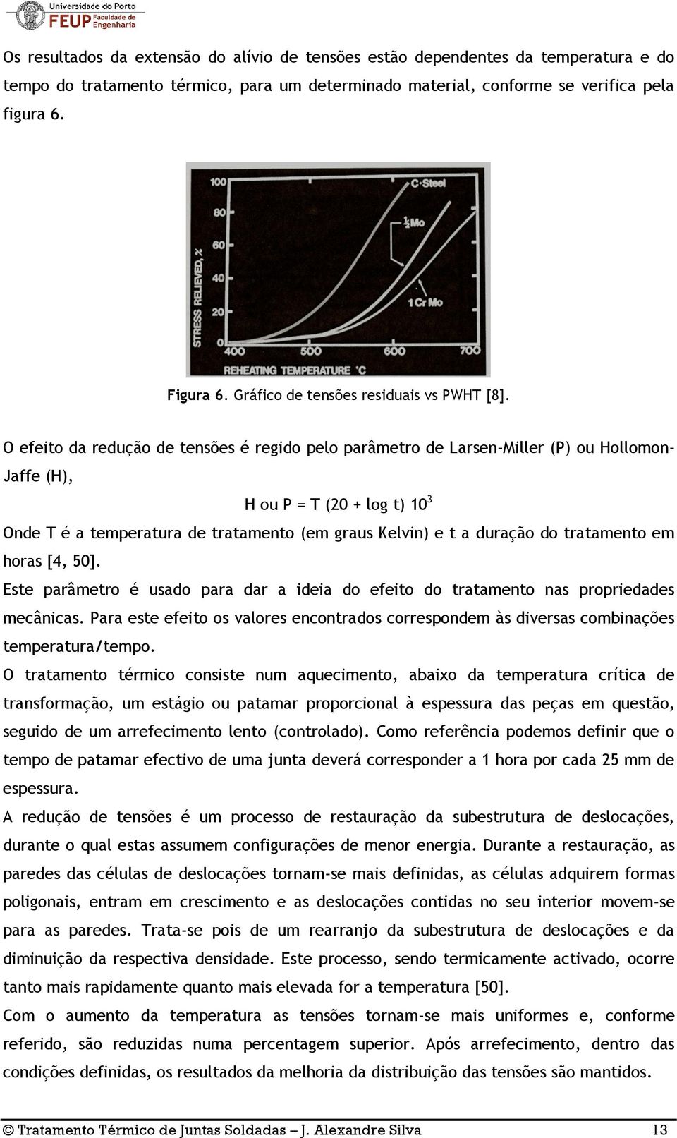 O efeito da redução de tensões é regido pelo parâmetro de Larsen-Miller (P) ou Hollomon- Jaffe (H), H ou P = T (20 + log t) 10 3 Onde T é a temperatura de tratamento (em graus Kelvin) e t a duração