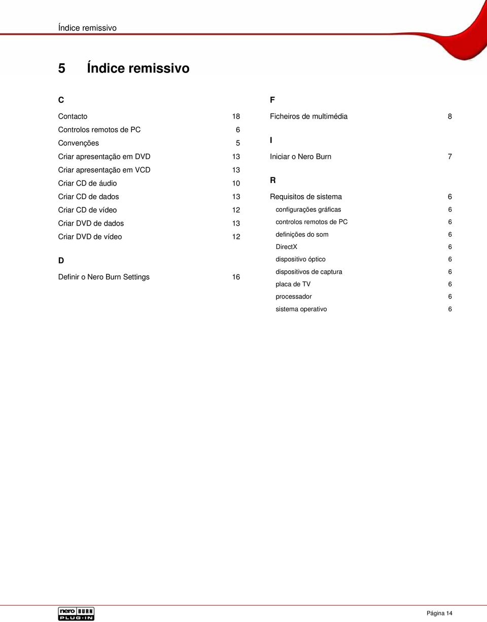 Burn Settings 16 F Ficheiros de multimédia 8 I Iniciar o Nero Burn 7 R Requisitos de sistema 6 configurações gráficas 6 controlos remotos