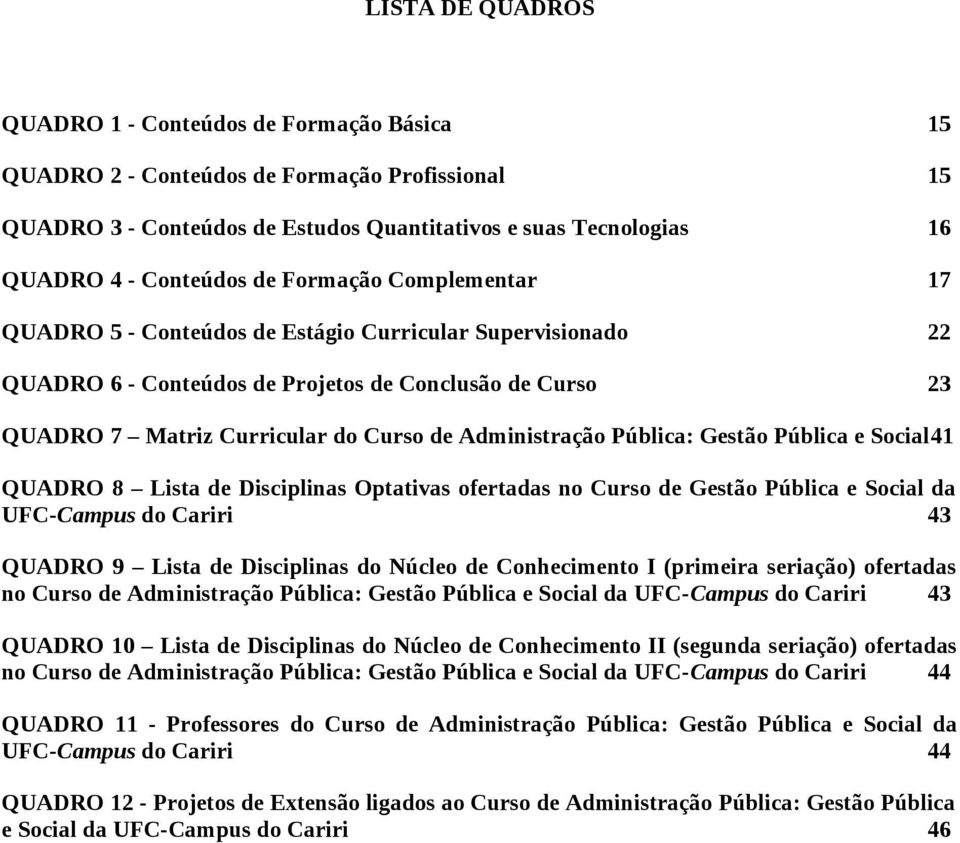 Pública: Gestão Pública e Social41 QUADRO 8 Lista de Disciplinas Optativas ofertadas no Curso de Gestão Pública e Social da UFC-Campus do Cariri 43 QUADRO 9 Lista de Disciplinas do Núcleo de