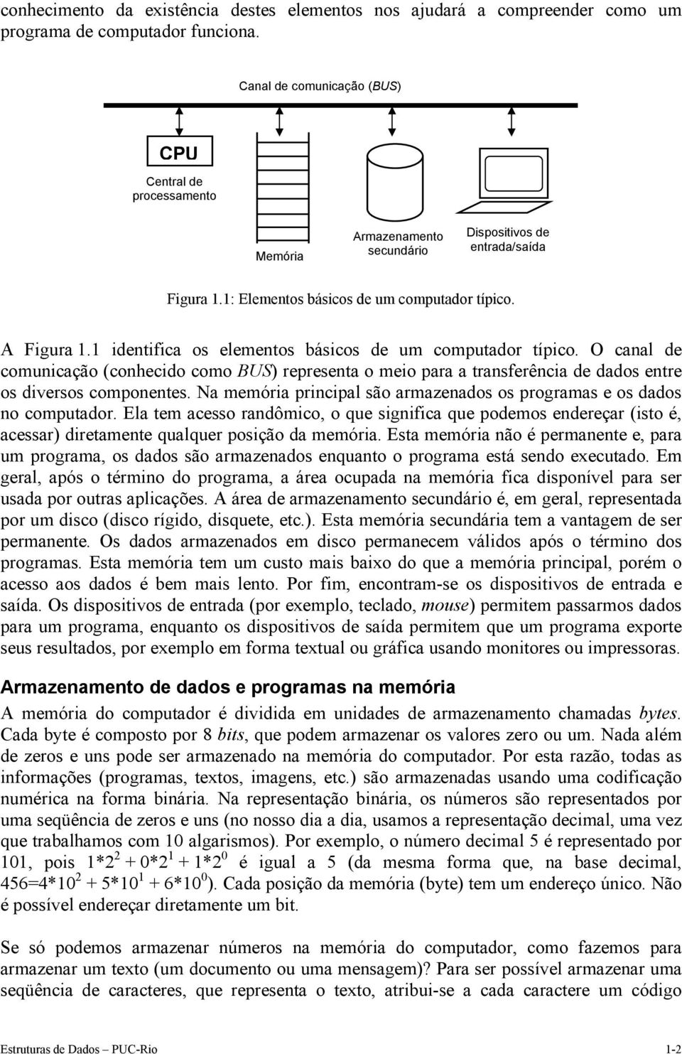 1 identifica os elementos básicos de um computador típico. O canal de comunicação (conhecido como BUS) representa o meio para a transferência de dados entre os diversos componentes.