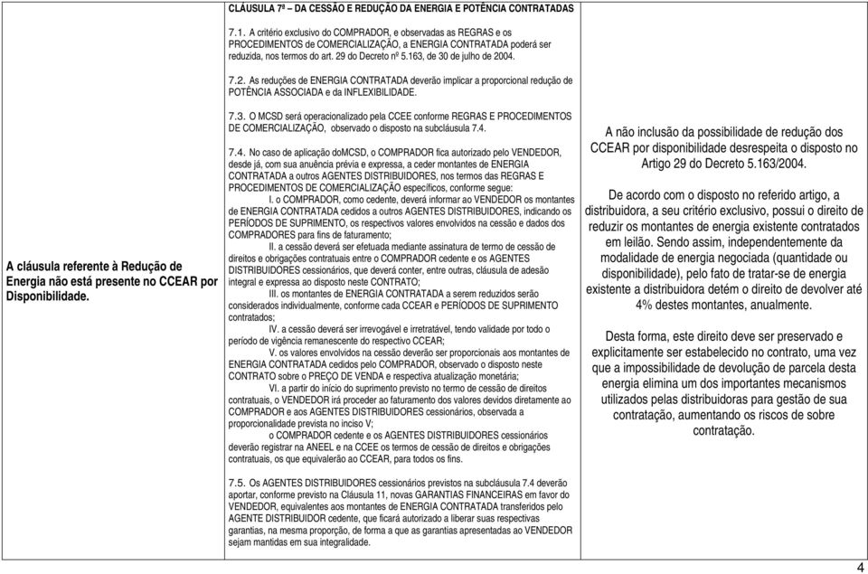 163, de 30 de julho de 2004. 7.2. As reduções de ENERGIA CONTRATADA deverão implicar a proporcional redução de POTÊNCIA ASSOCIADA e da INFLEXIBILIDADE. 7.3. O MCSD será operacionalizado pela CCEE conforme REGRAS E PROCEDIMENTOS DE COMERCIALIZAÇÃO, observado o disposto na subcláusula 7.