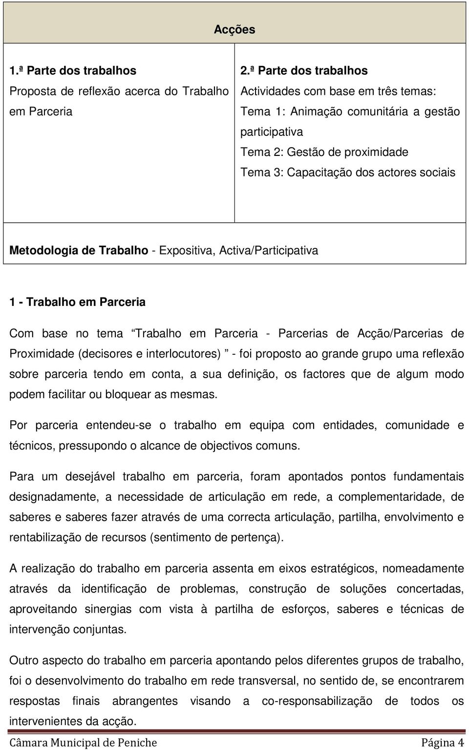 Trabalho - Expositiva, Activa/Participativa 1 - Trabalho em Parceria Com base no tema Trabalho em Parceria - Parcerias de Acção/Parcerias de Proximidade (decisores e interlocutores) - foi proposto ao