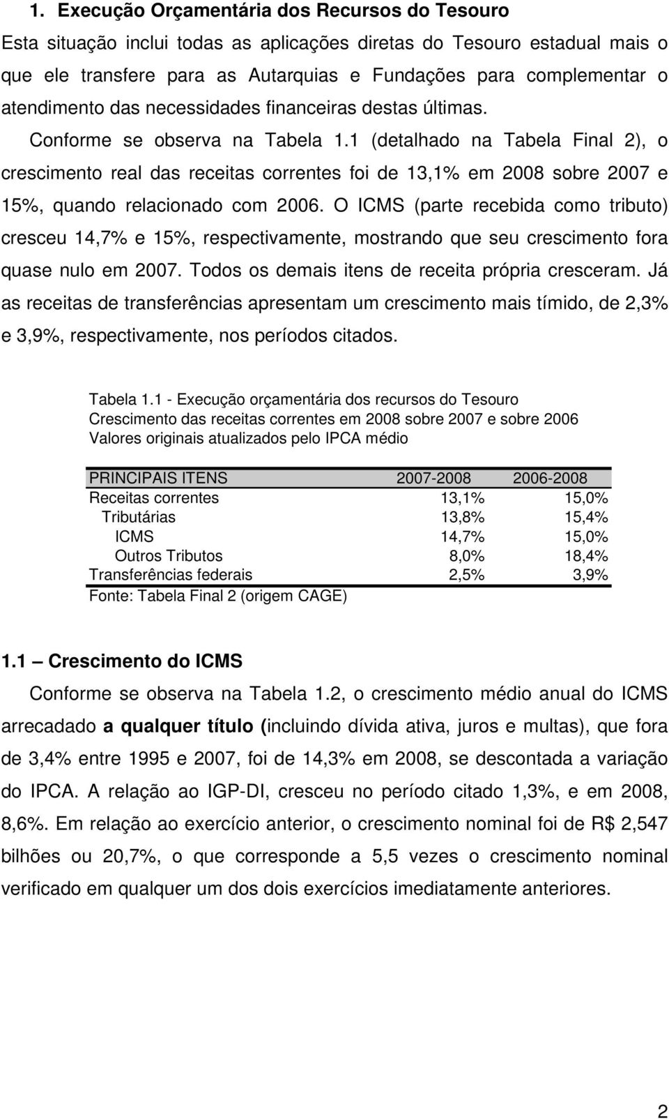 1 (detalhado na Tabela Final 2), o crescimento real das receitas correntes foi de 13,1% em 2008 sobre 2007 e 15%, quando relacionado com 2006.