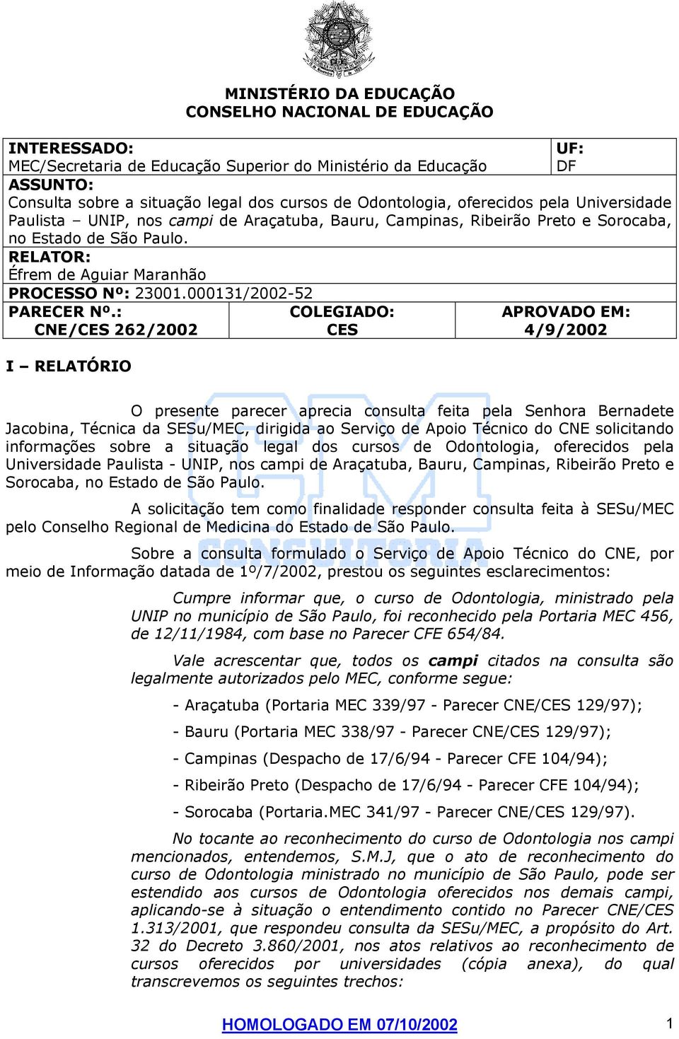 RELATOR: Éfrem de Aguiar Maranhão PROCESSO Nº: 23001.000131/2002-52 PARECER Nº.