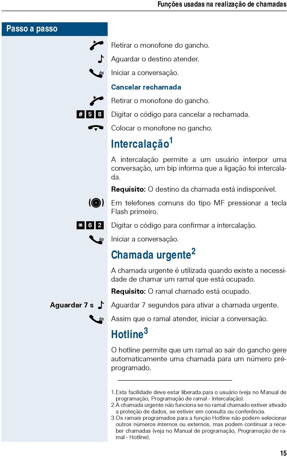 ( ) Em telefones comuns do tipo MF pressionar a tecla d Flash primeiro. 6 2 Digitar o código para confirmar a intercalação. Iniciar a conversação.