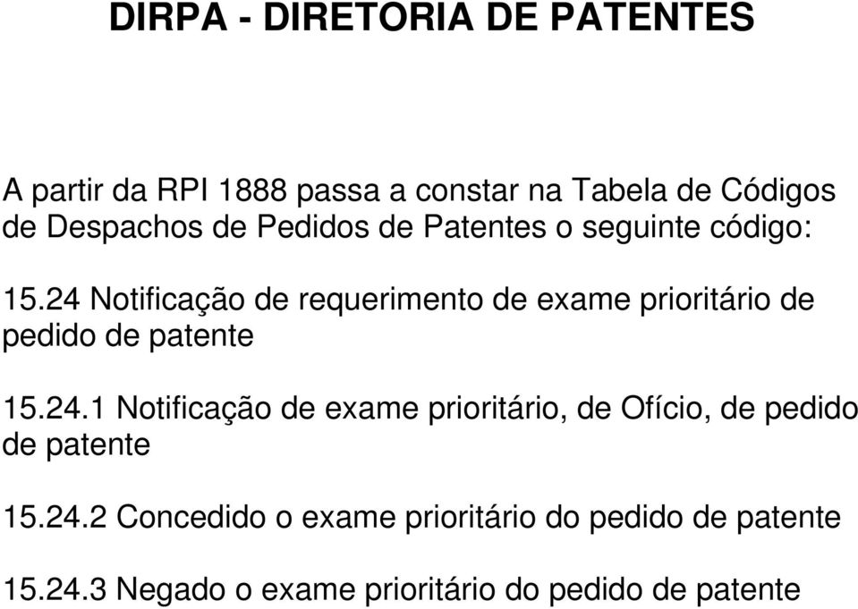 24 Notificação de requerimento de exame prioritário de pedido de patente 15.24.1 Notificação de exame prioritário, de Ofício, de pedido de patente 15.