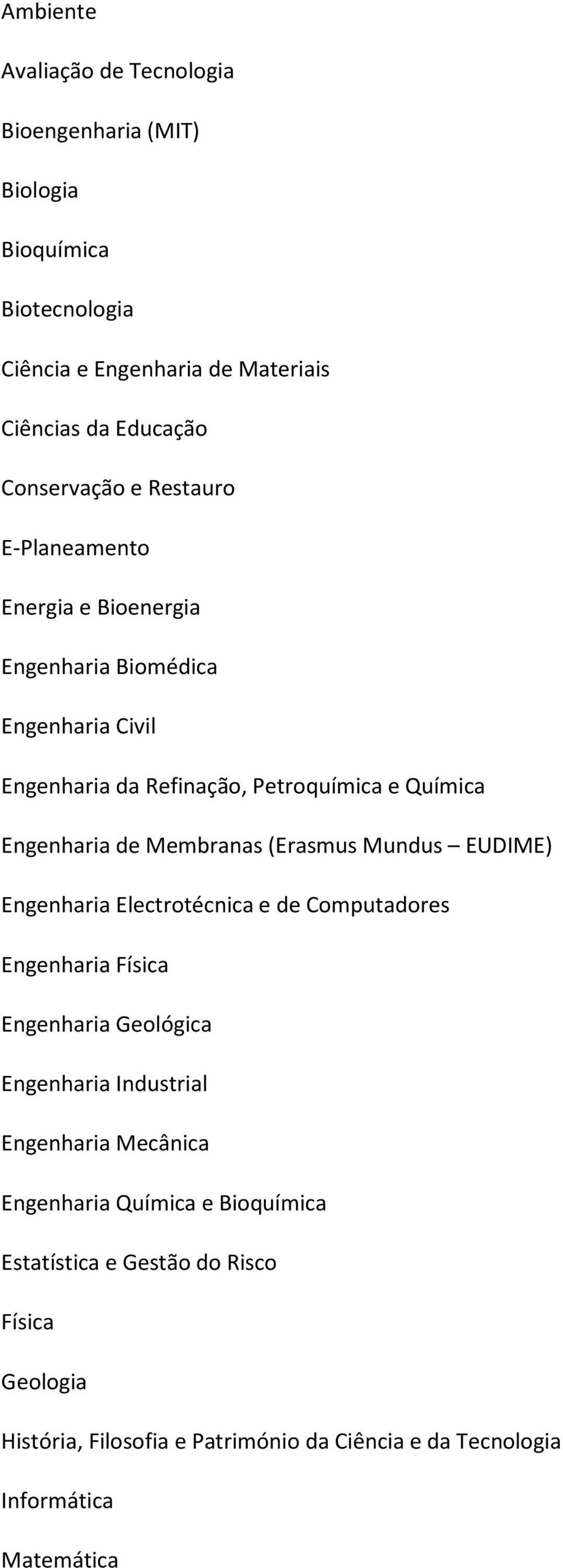Membranas (Erasmus Mundus EUDIME) Engenharia Electrotécnica e de Computadores Engenharia Física Engenharia Geológica Engenharia Industrial Engenharia