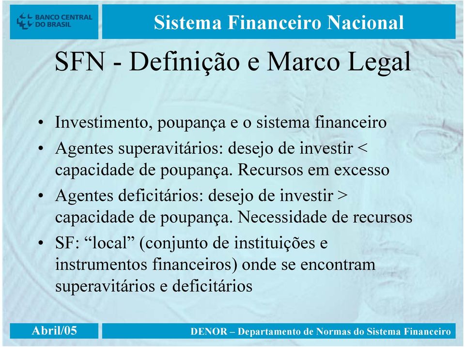 Recursos em excesso Agentes deficitários: desejo de investir > capacidade de poupança.