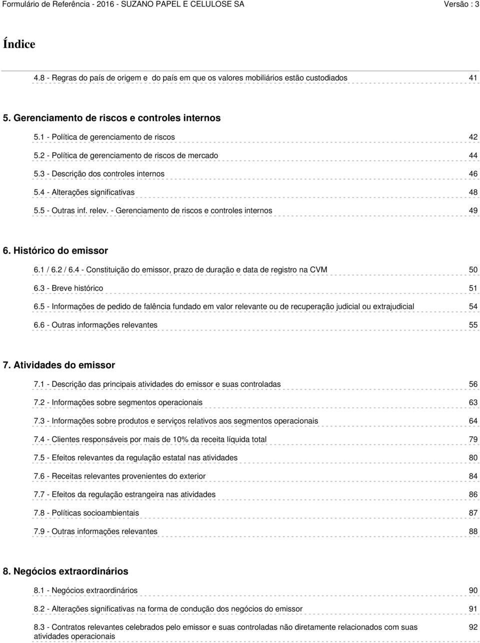 - Gerenciamento de riscos e controles internos 49 6. Histórico do emissor 6.1 / 6.2 / 6.4 - Constituição do emissor, prazo de duração e data de registro na CVM 50 6.3 - Breve histórico 51 6.