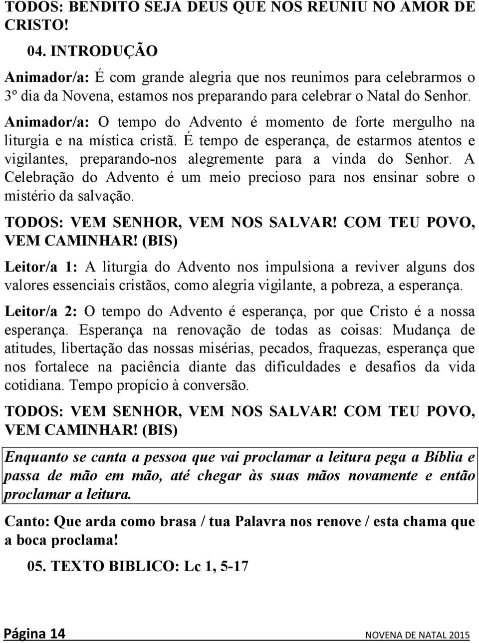 Animador/a: O tempo do Advento é momento de forte mergulho na liturgia e na mística cristã. É tempo de esperança, de estarmos atentos e vigilantes, preparando-nos alegremente para a vinda do Senhor.