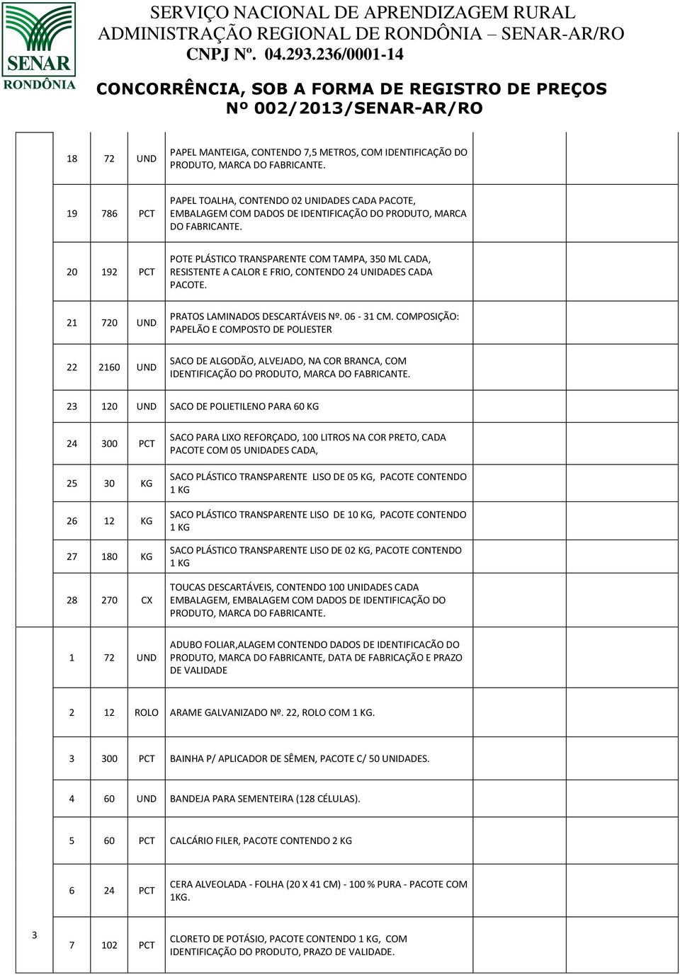 COMPOSIÇÃO: PAPELÃO E COMPOSTO DE POLIESTER 22 2160 UND SACO DE ALGODÃO, ALVEJADO, NA COR BRANCA, COM IDENTIFICAÇÃO DO PRODUTO, MARCA DO FABRICANTE.