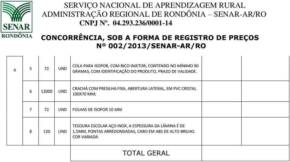 EM PVC CRISTAL 100X70 MM; 7 72 UND FOLHAS DE ISOPOR 10 MM 8 120 UND TESOURA ESCOLAR AÇO