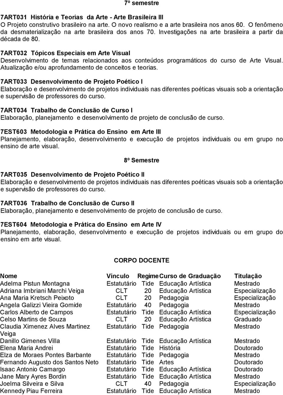 7ART032 Tópicos Especiais em Arte Visual Desenvolvimento de temas relacionados aos conteúdos programáticos do curso de Arte Visual. Atualização e/ou aprofundamento de conceitos e teorias.