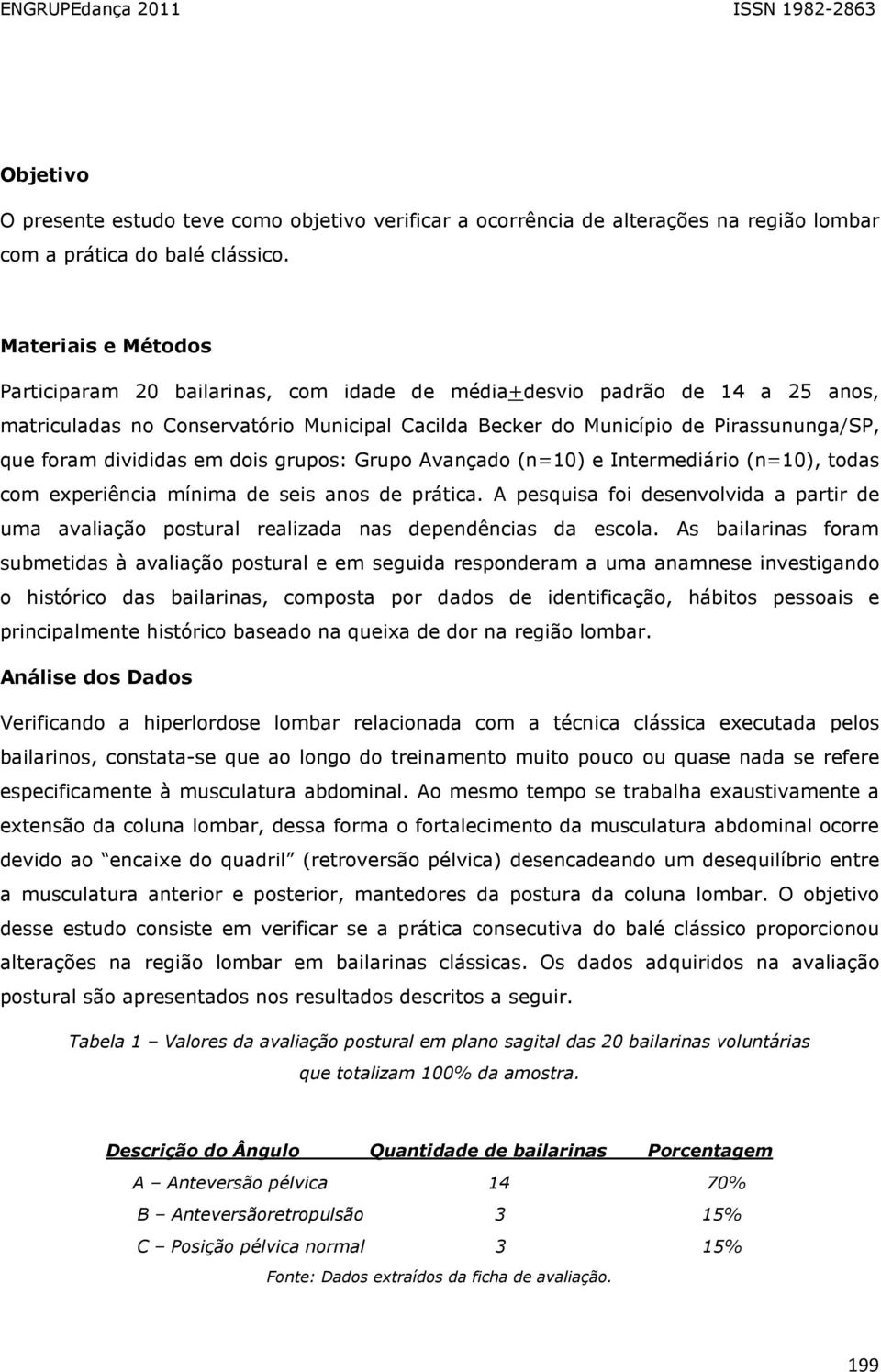 divididas em dois grupos: Grupo Avançado (n=10) e Intermediário (n=10), todas com experiência mínima de seis anos de prática.