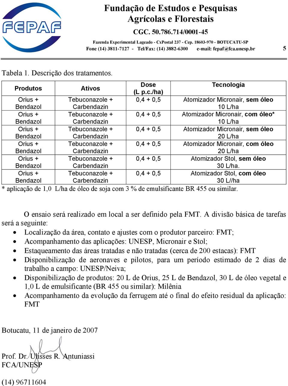 A divisão básica de tarefas será a seguinte: Localização da área, contato e ajustes com o produtor parceiro: FMT; Acompanhamento das aplicações: UNESP, Micronair e Stol; Estaqueamento das áreas