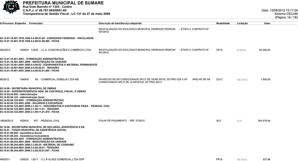 451.4001 - OTIMIZAÇÃO ADMINISTRATIVA 02.13.01.15.451.4001.2006 - MANUTENÇÃO DA UNIDADE 02.13.01.15.451.4001.2006.4.4.90.52 - EQUIPAMENTOS E MATERIAL PERMANENTE 02.13.01.15.451.4001.2006.4.4.90.52.01 - TESOURO 02.