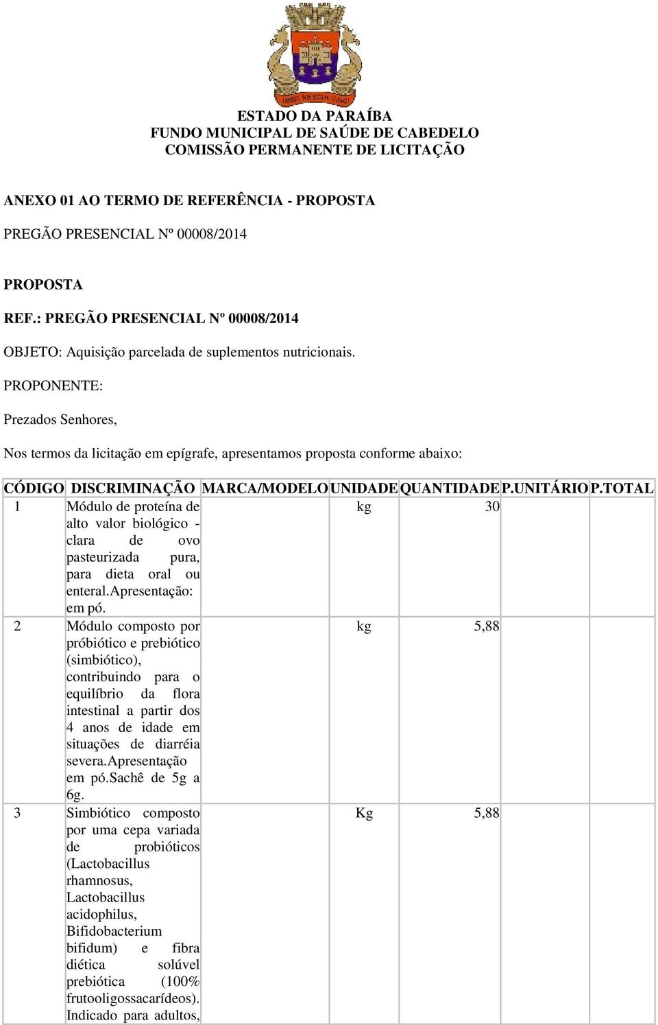 PROPONENTE: Prezados Senhores, Nos termos da licitação em epígrafe, apresentamos proposta conforme abaixo: CÓDIGO DISCRIMINAÇÃO MARCA/MODELO UNIDADE QUANTIDADE P.UNITÁRIO P.