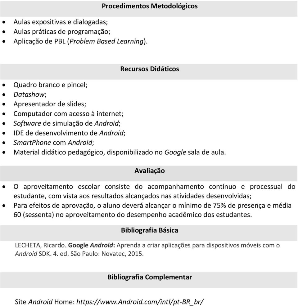 Android; Material didático pedagógico, disponibilizado no Google sala de aula.