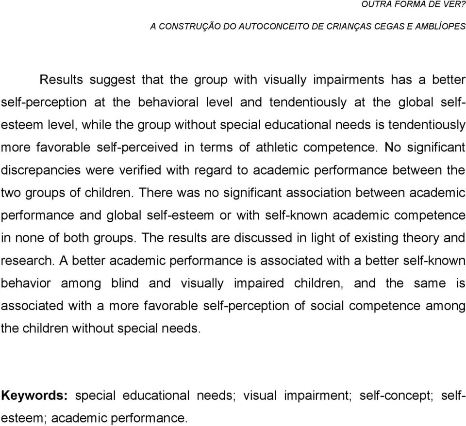 No significant discrepancies were verified with regard to academic performance between the two groups of children.