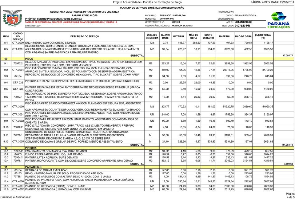 5 CTA 2001 ASSENTA COM ARGAMASSA PRE-FABRICADA DE CIMENTO COLANTE E REJUNTAMENTO M2 39,84 223,97 10,11 234,08 8923,00 402,58 9325,58 COM ARGAMASSA PRE-FABRICADA PARA REJUNTAMENTO SUBTOTAL 17.