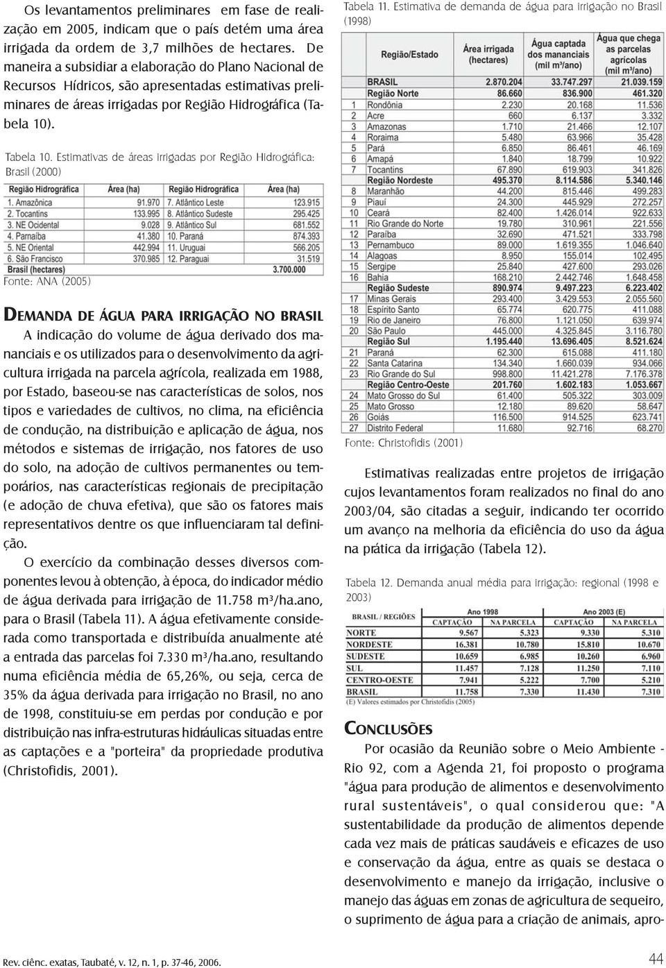 Estimativa de demanda de água para irrigação no Brasil (1998) Tabela 10.