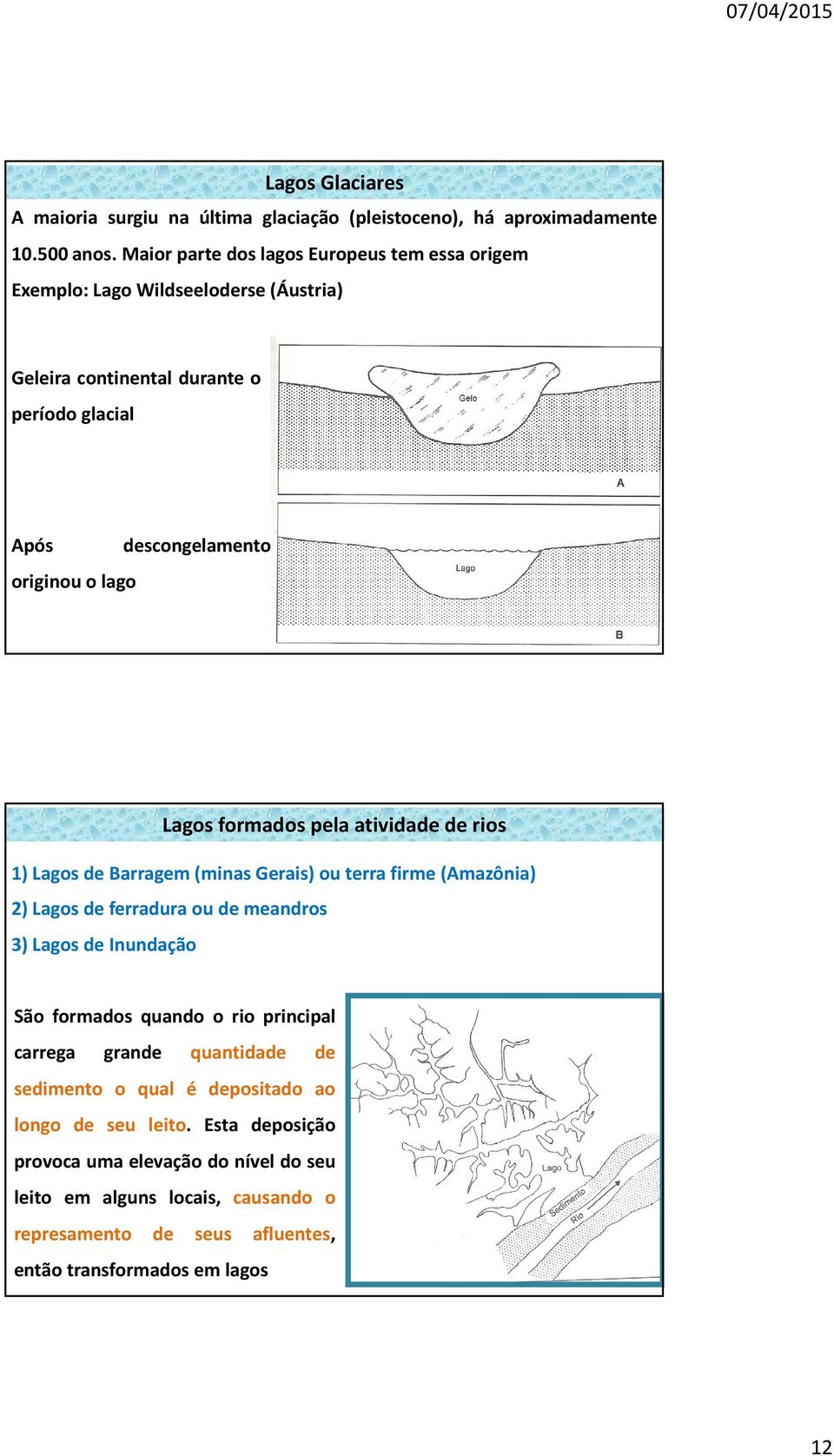 formados pela atividade de rios 1) Lagos de Barragem (minas Gerais) ou terra firme (Amazônia) 2) Lagos de ferradura ou de meandros 3) Lagos de Inundação São formados quando