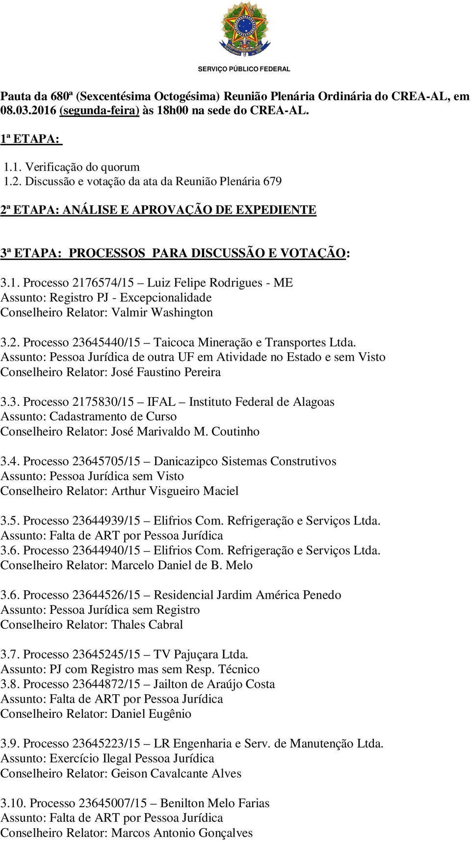 Discussão e votação da ata da Reunião Plenária 679 2ª ETAPA: ANÁLISE E APROVAÇÃO DE EXPEDIENTE 3ª ETAPA: PROCESSOS PARA DISCUSSÃO E VOTAÇÃO: 3.1.