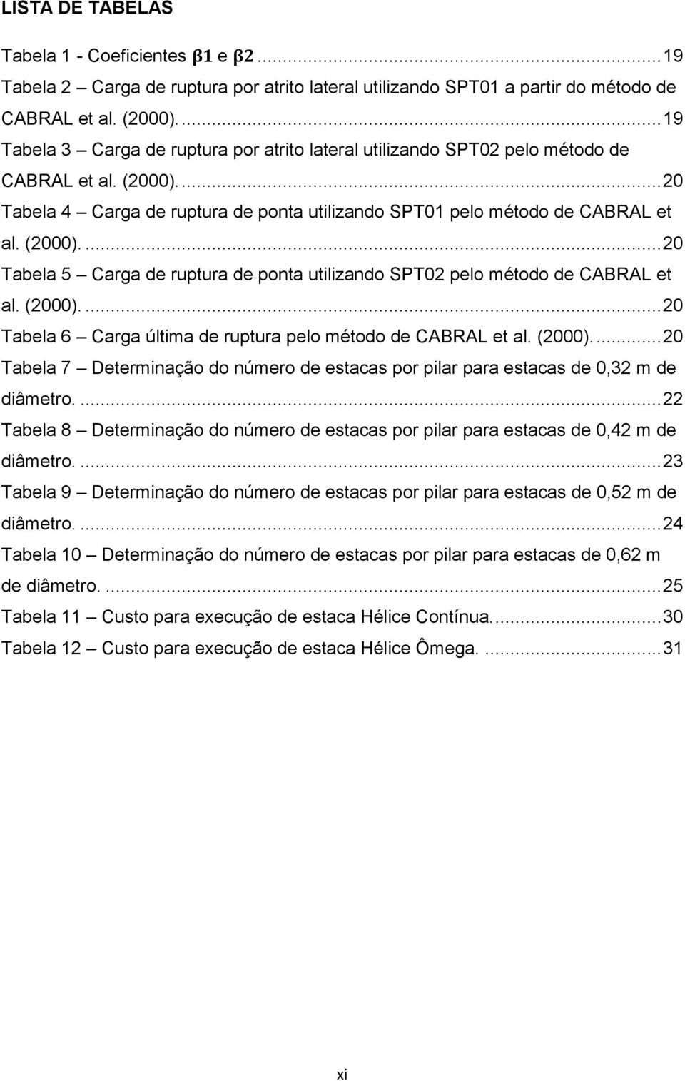 (2000).... 20 Tabela 6 Carga última de ruptura pelo método de CABRAL et al. (2000)... 20 Tabela 7 Determinação do número de estacas por pilar para estacas de 0,32 m de diâmetro.