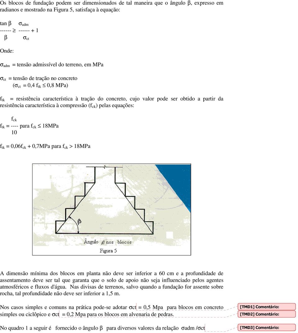 resistência característica à compressão (f ck ) pelas equações: f ck f tk = ---- para f ck 18MPa 10 f tk = 0,06f ck + 0,7MPa para f ck > 18MPa A dimensão mínima dos blocos em planta não deve ser