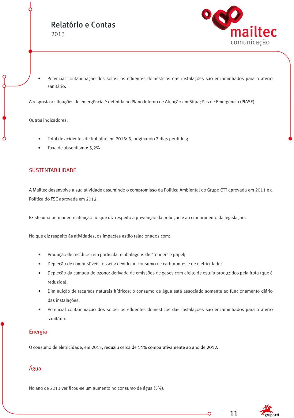 Outros indicadores: Total de acidentes de trabalho em : 3, originando 7 dias perdidos; Taxa de absentismo: 5,2% SUSTENTABILIDADE A Mailtec desenvolve a sua atividade assumindo o compromisso da