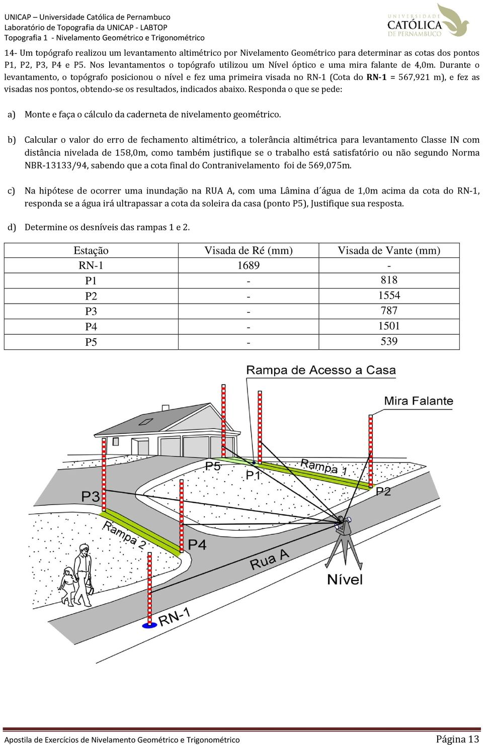 Durante o levantamento, o topógrafo posicionou o nível e fez uma primeira visada no RN- (Cota do RN- = 567,92 m), e fez as visadas nos pontos, obtendo-se os resultados, indicados abaixo.