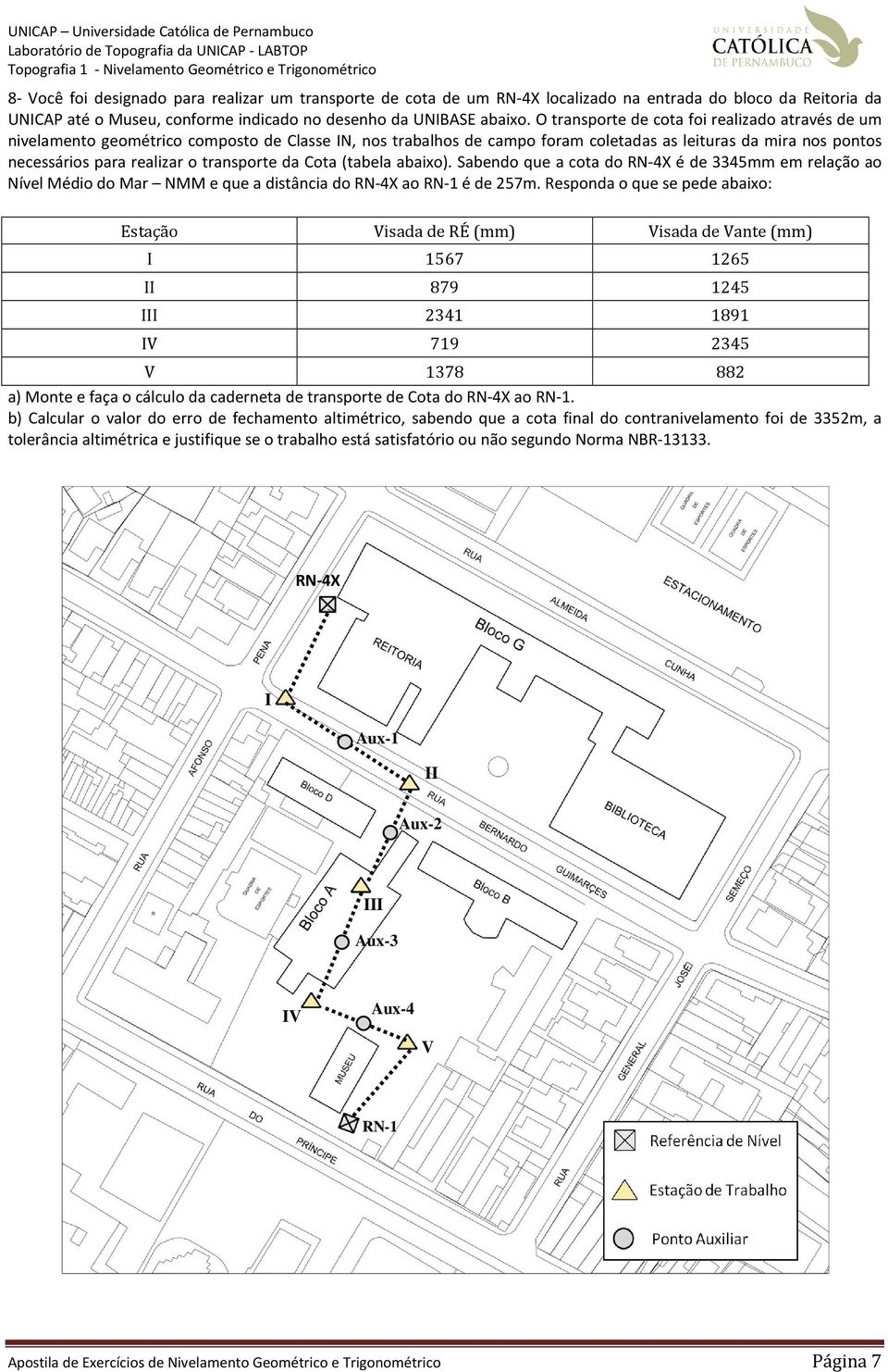 transporte da Cota (tabela abaixo). Sabendo que a cota do RN-4X é de 3345mm em relação ao Nível Médio do Mar NMM e que a distância do RN-4X ao RN- é de 257m.