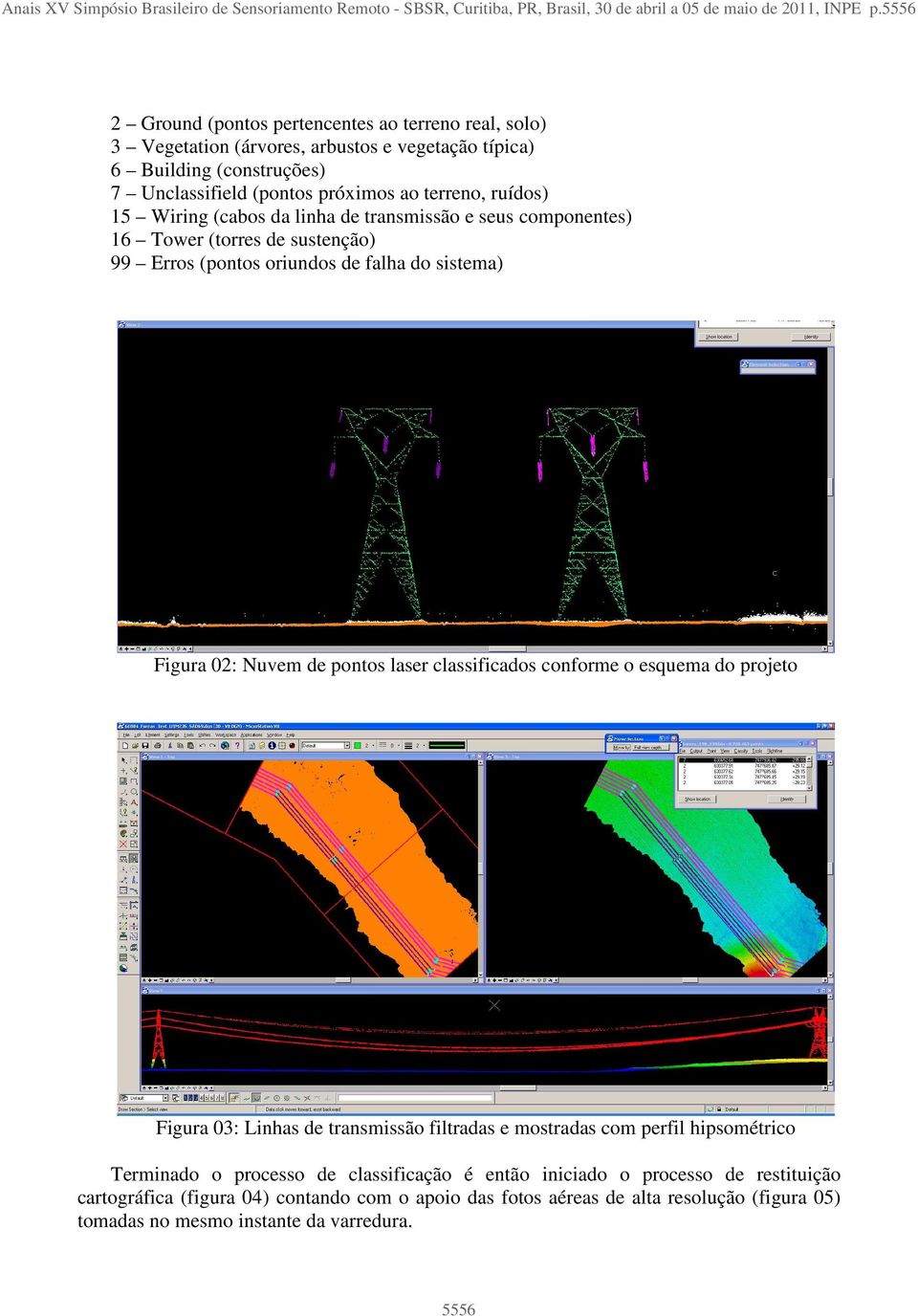 (cabos da linha de transmissão e seus componentes) 16 Tower (torres de sustenção) 99 Erros (pontos oriundos de falha do sistema) Figura 02: Nuvem de pontos laser classificados conforme o esquema do