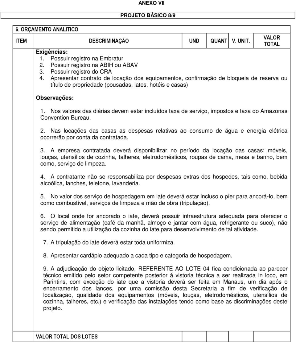 Nos valores das diárias devem estar incluídos taxa de serviço, impostos e taxa do Amazonas Convention Bureau. 2.