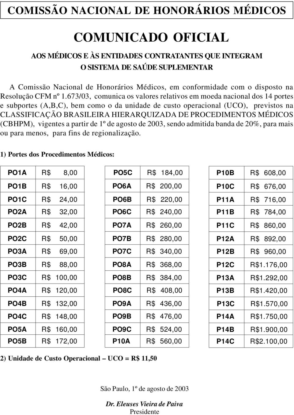 673/03, comunica os valores relativos em moeda nacional dos 14 portes e subportes (A,B,C), bem como o da unidade de custo operacional (UCO), previstos na CLASSIFICAÇÃO BRASILEIRA HIERARQUIZADA DE